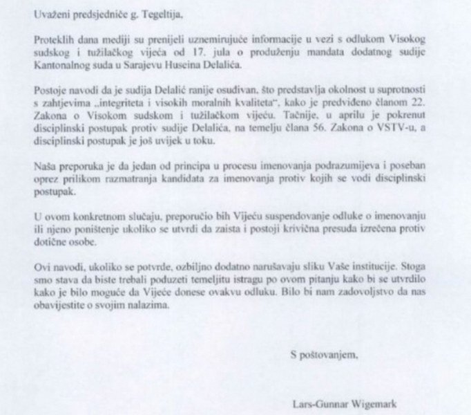 Pravosudje BiH - Wigemark pisao Tegeltiji - Poništite odluku o imenovanju sudije Huseina Delalića