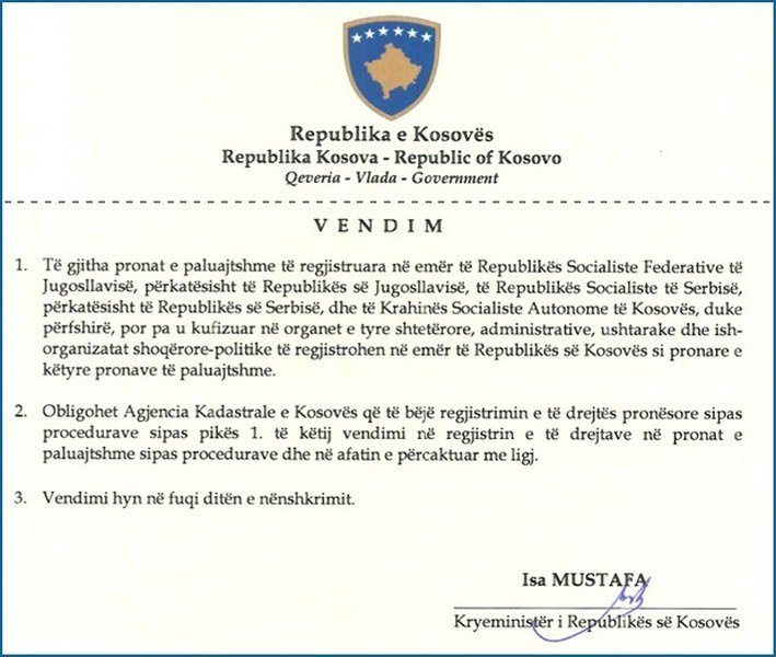 Priština prisvaja svu nepokretnu imovinu registrovanu na ime SFRJ