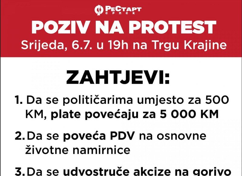 Svi na protest za podizanje plata političarima za minimalno 5.000 KM… jer od 500 maraka se ne može živjeti!